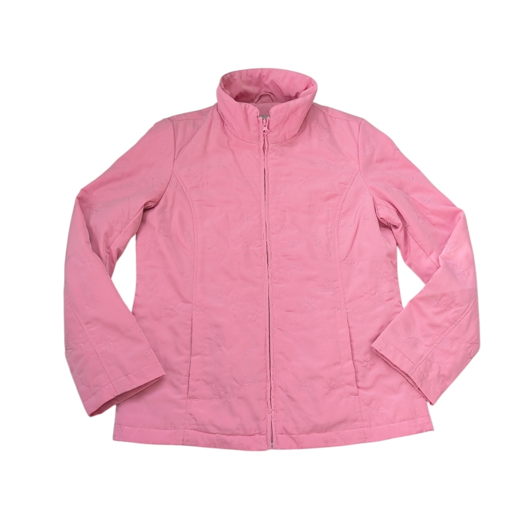 Vtg. NY Classics Tonal Floral Embroidered Lined Zip Up Jacket MEDIUM Pink